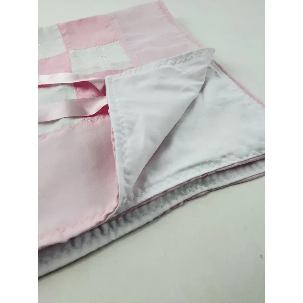Pink Quilted Blanket Wall Hanging Handmade Country Cottage Baby Bow Eyelet Lace